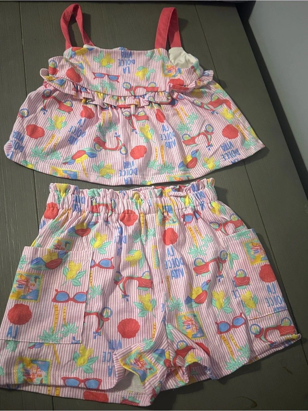 Rare Editions Pink Seersucker Tank & Shorts Set with Multicolor Print